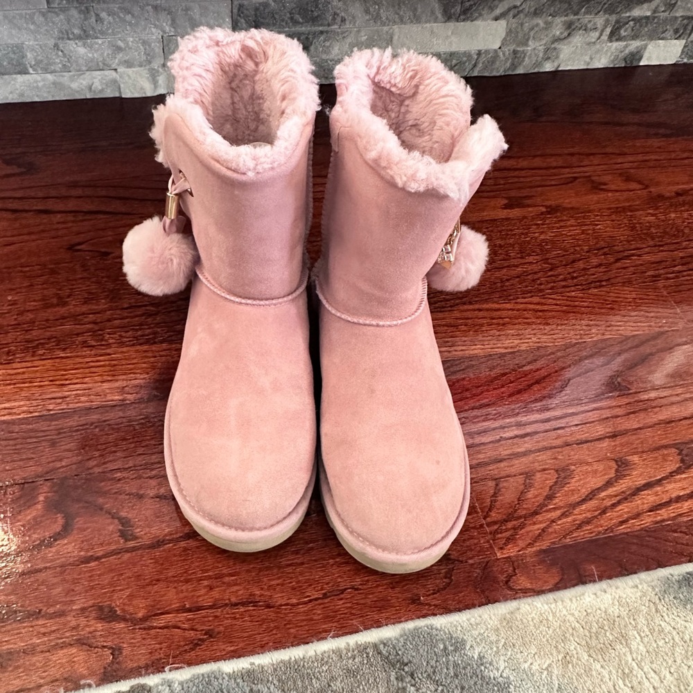 UGG Pink Ankle Boots with Pom Poms